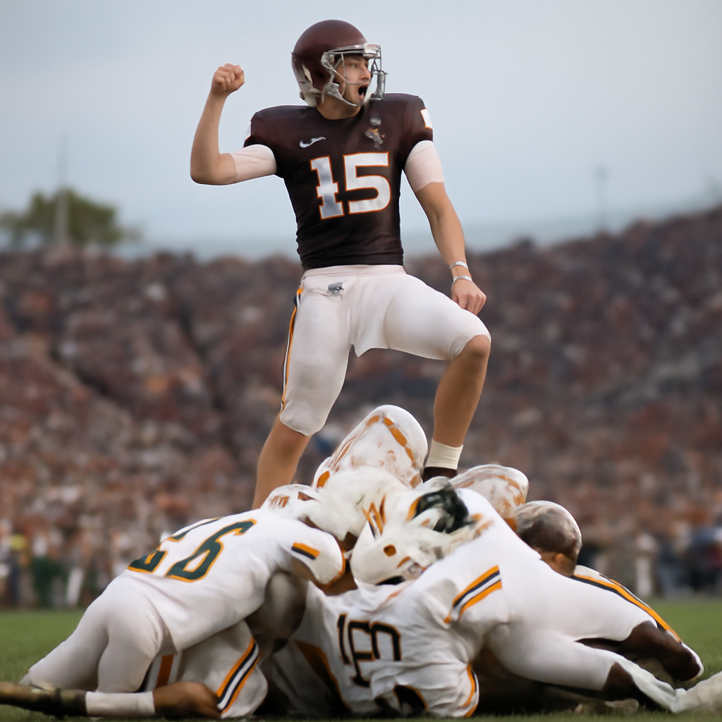 Fernando Mendoza like qb standing on a mountain pile of Miami player on the foo… (Meme) — Photoreal style
