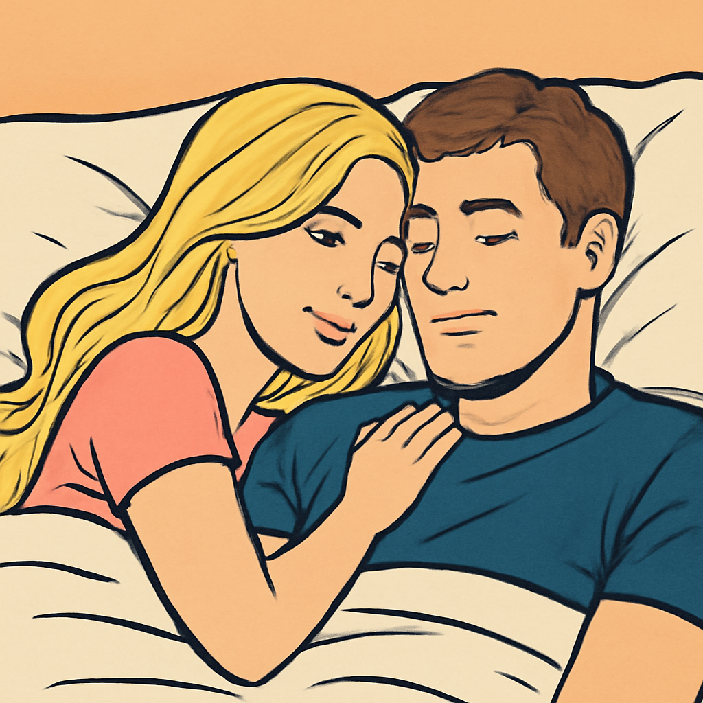 Woman with long blonde hair very pretty laying cuddling with a man with brown h… (Meme) — Comic style