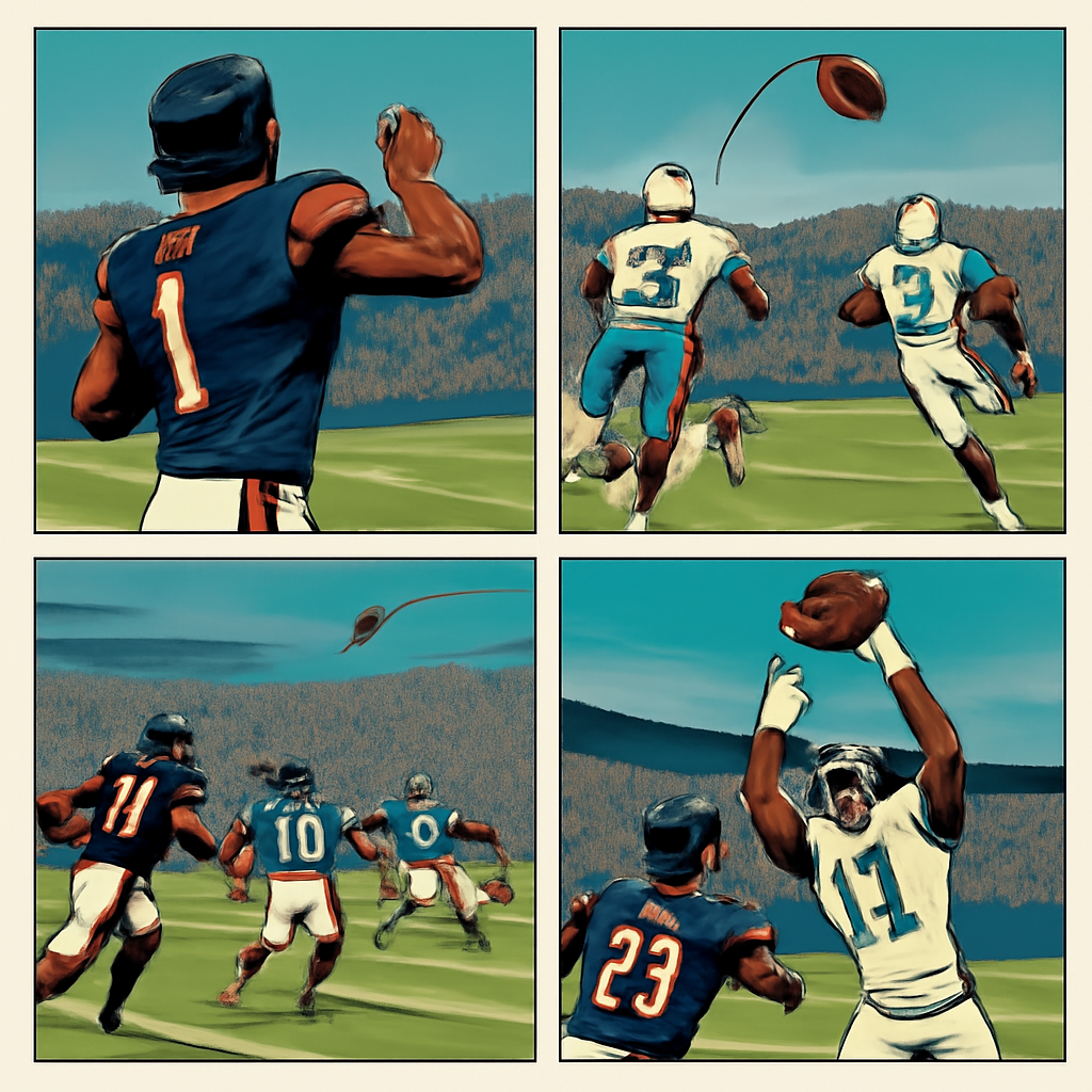 Bears Qb throwing a 70yard pass from behind the qb and the ball drops over the … (Meme) — Comic style