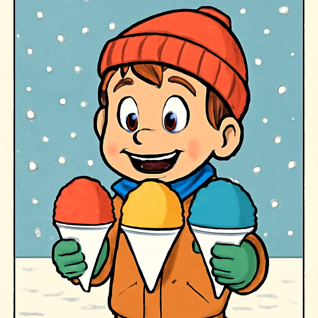 A boy holding 3 snow cones with the middle snow cone yellow and it’s snowing in… (Meme) — Comic style