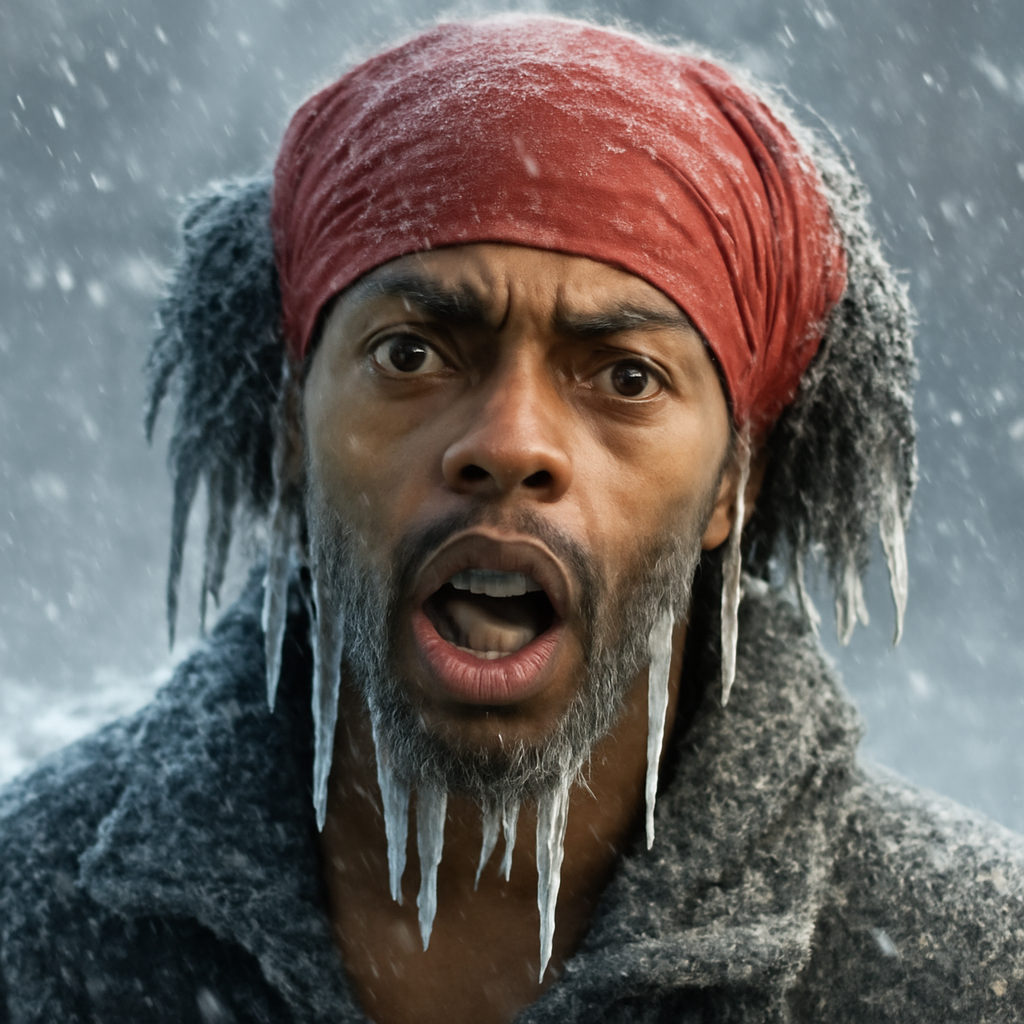 Antoine Dodson hide your kids guy in a snow storm with iceicles (Meme) — Photoreal style