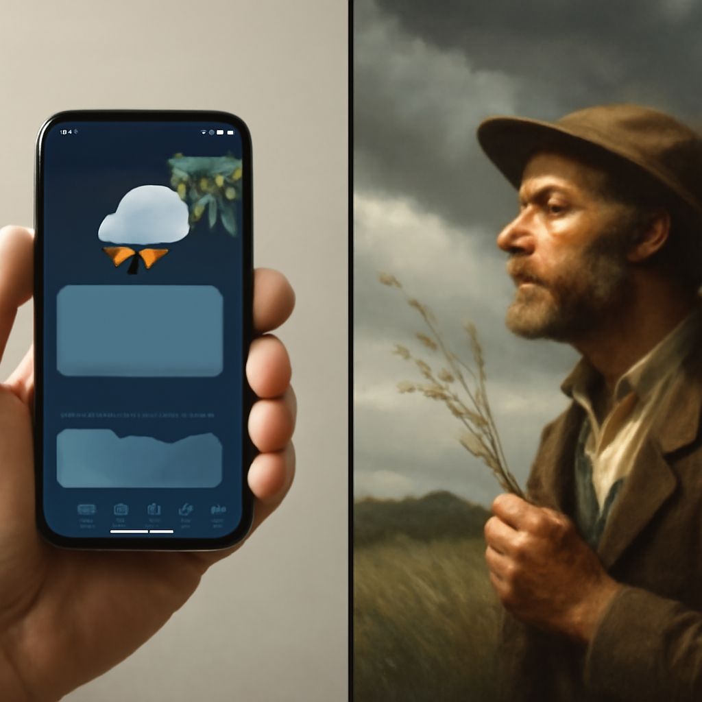 A split photo of a weather forecast of 2026 - high tech on phone with radar vs … (Meme) — Comic style
