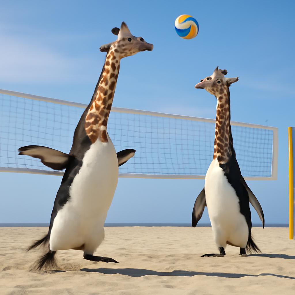Giraffe and a penguin mixed animal playing sand volleyball 2v2 (Meme) — Photoreal style