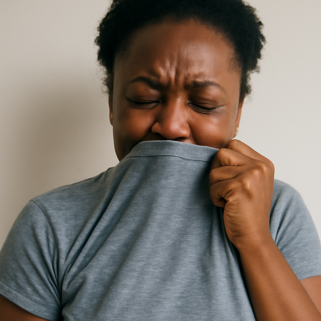 A replica of the meme of the black lady crying in her shirt (Meme) — Photoreal style