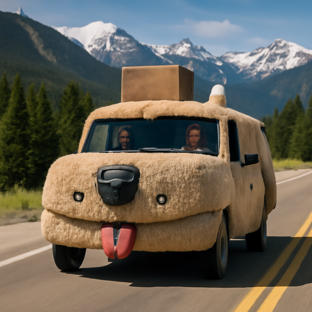 Dumb and dumber persona driving in the dog van with the briefcase on the roof o… (Meme) — Photoreal style