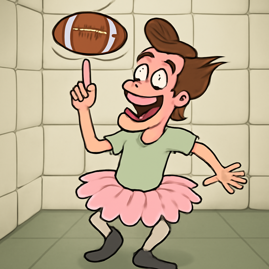 A meme like the Jim Carrey in the mental hospital wearing a tutu and spinning a… (Meme) — Cartoon style