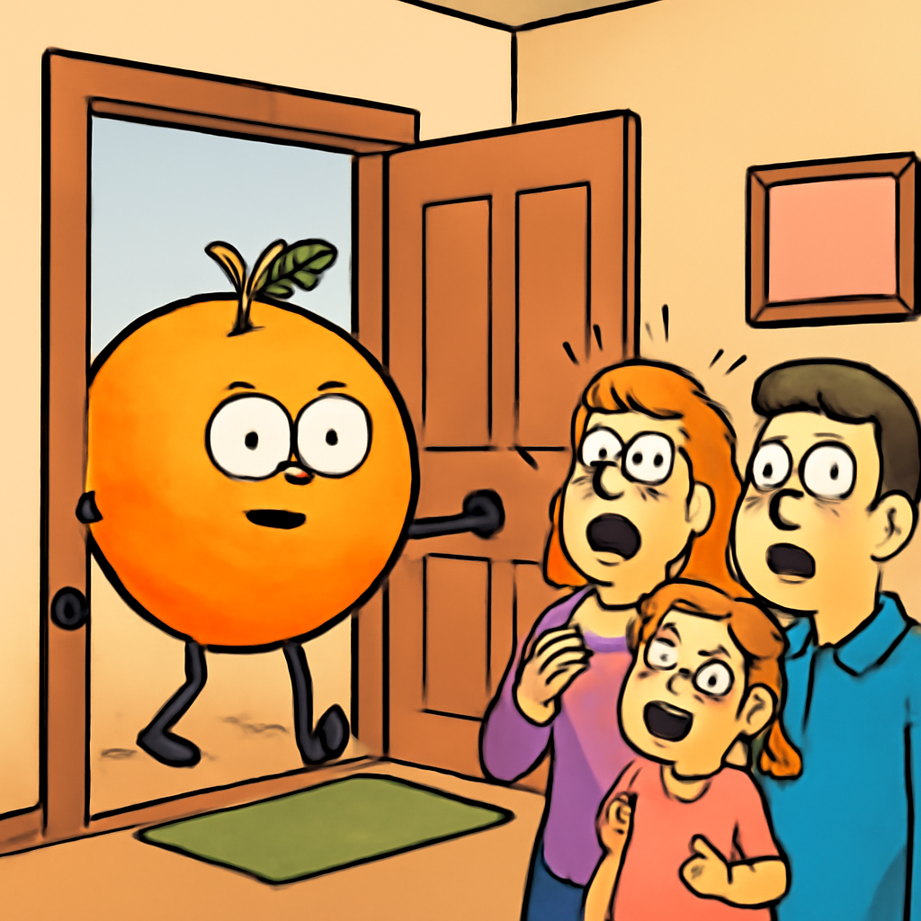 an orange opening the door of a house and the people looking like they are in s… (Meme) — Cartoon style
