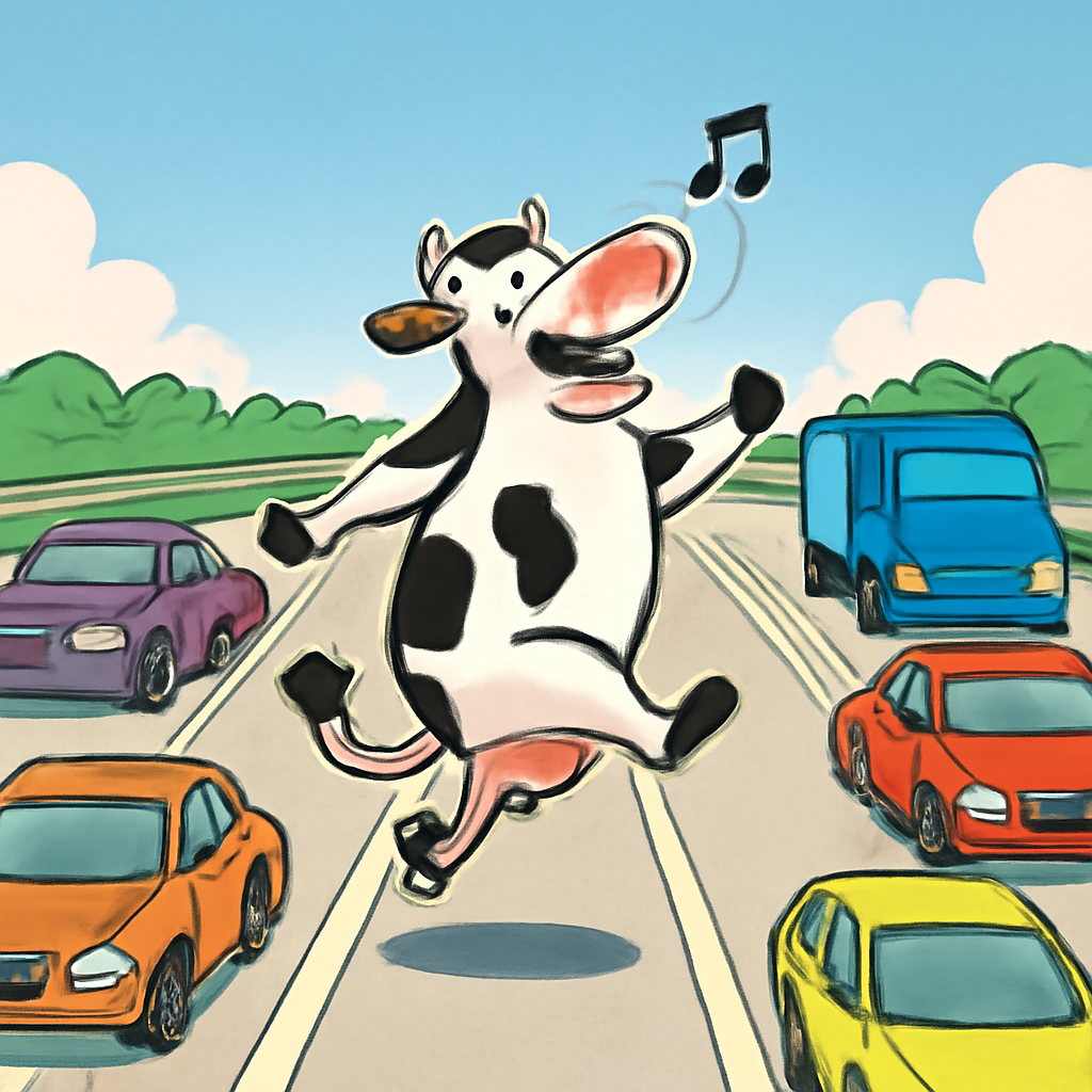 a cow skipping across 6 lanes of traffic sining (Meme) — Comic style