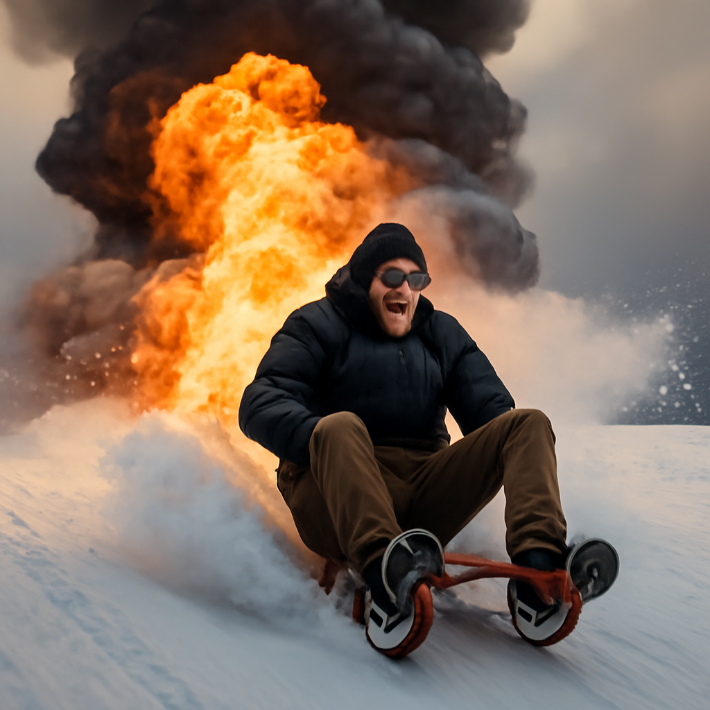 a man sledding down a mountain slop going so fast smoke and fire is coming up b… (Meme) — Photoreal style