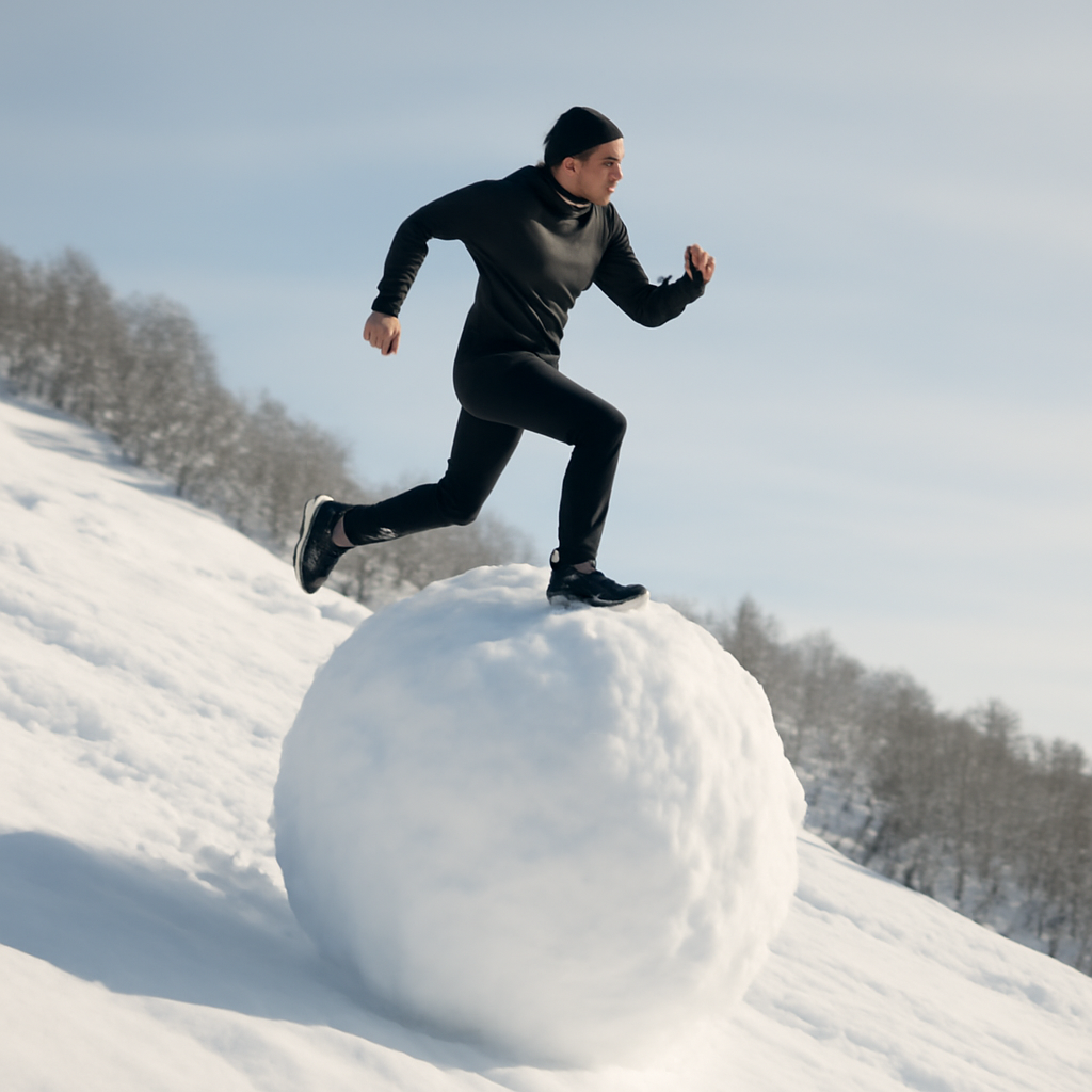 Running on a giant snowball coming down a hill (Meme) — Photoreal style