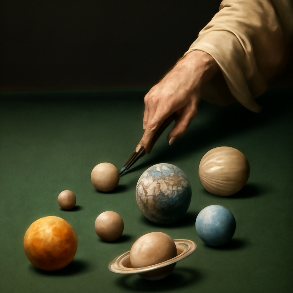 The hand of GOD playing pool with the planets in the solar system (Meme) — Photoreal style