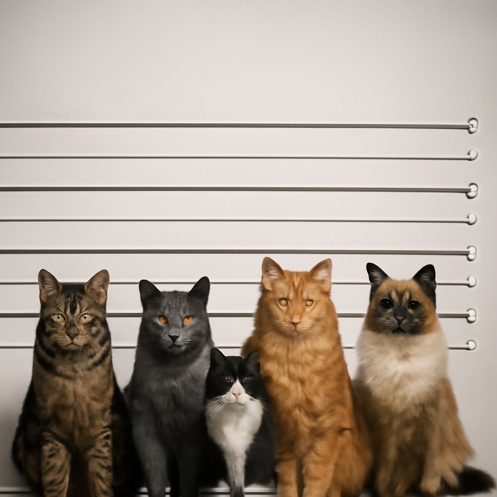 A group of cats standing in a police line up with the height marks behind all d… (Meme) — Photoreal style