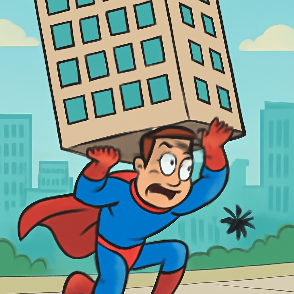 a superhero with a cape on holding up a large building downtown, but scared of … (Meme) — Cartoon style