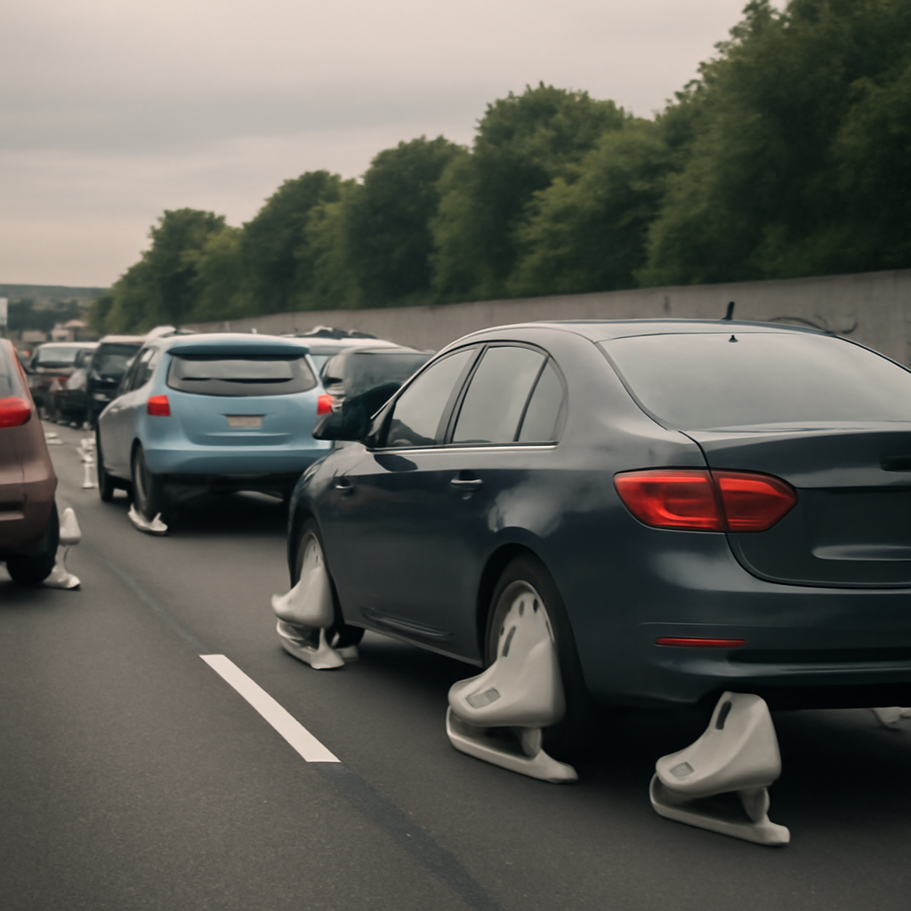 Cars on the highway with ice skates on in a traffic (Meme) — Photoreal style