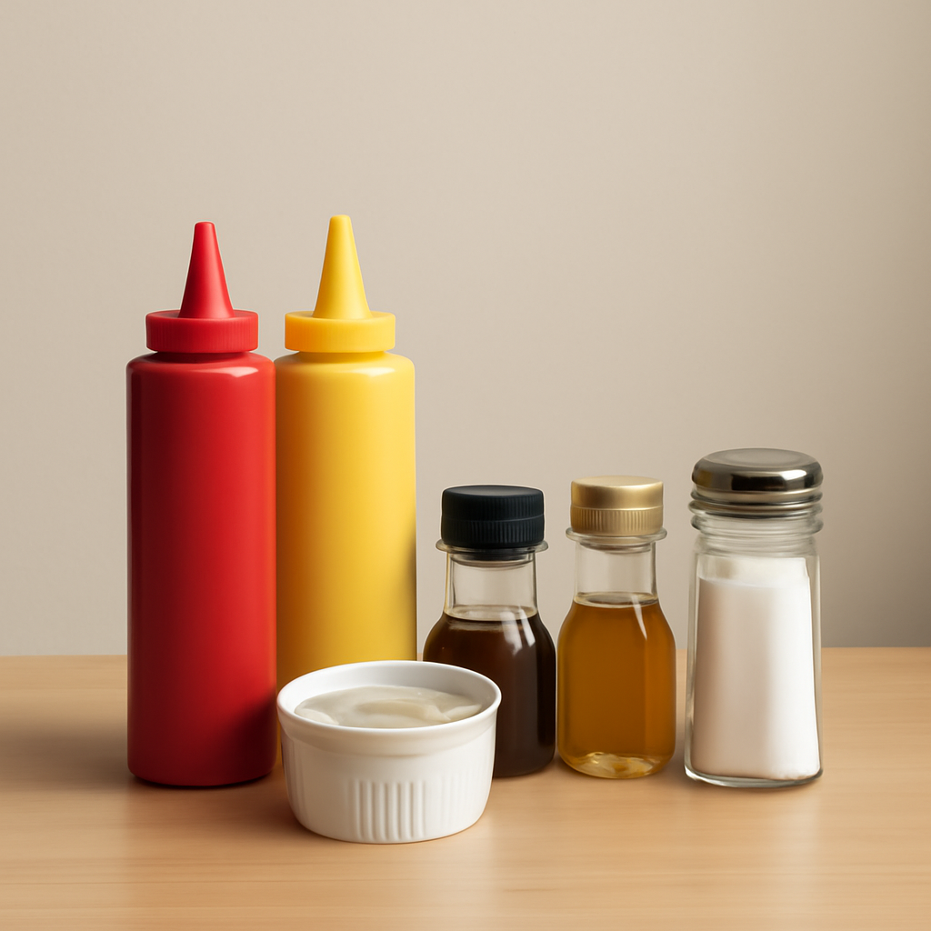 A bunch of condiments on a table? (Meme) — Photoreal style