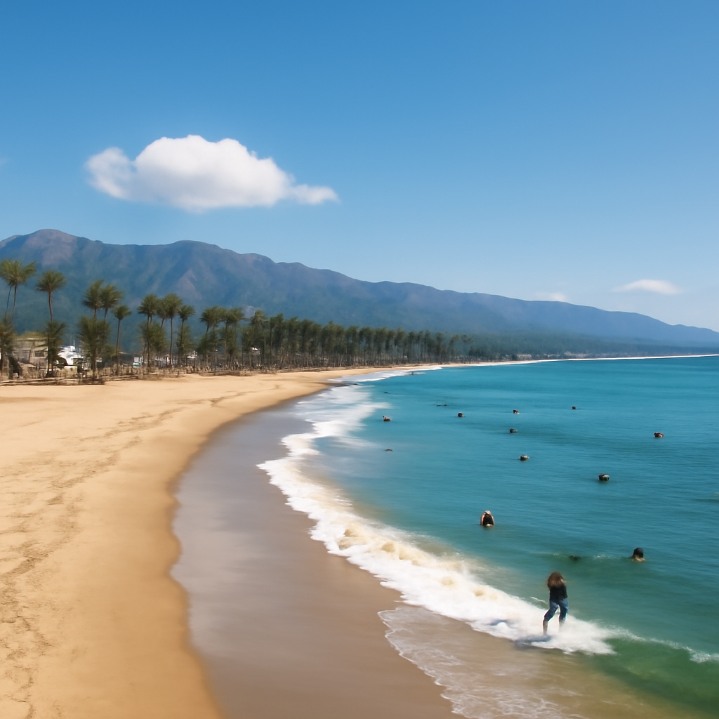 A beach scene in Santa Barbara California with nice weather long sandy beaches,… (Meme) — Photoreal style
