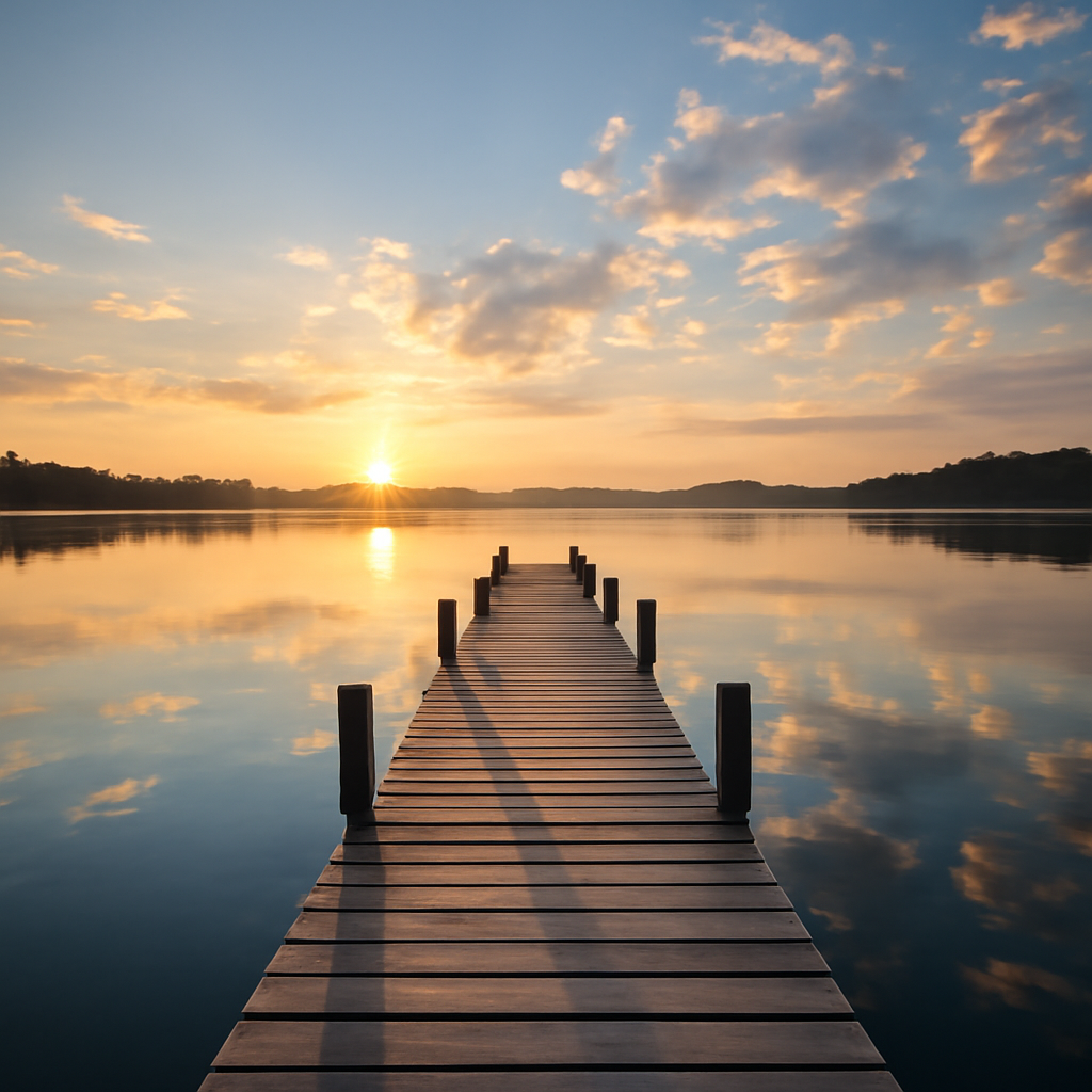 A beautiful morning looking down a long dock that over a nice lake with the sk… (Meme) — Photoreal style