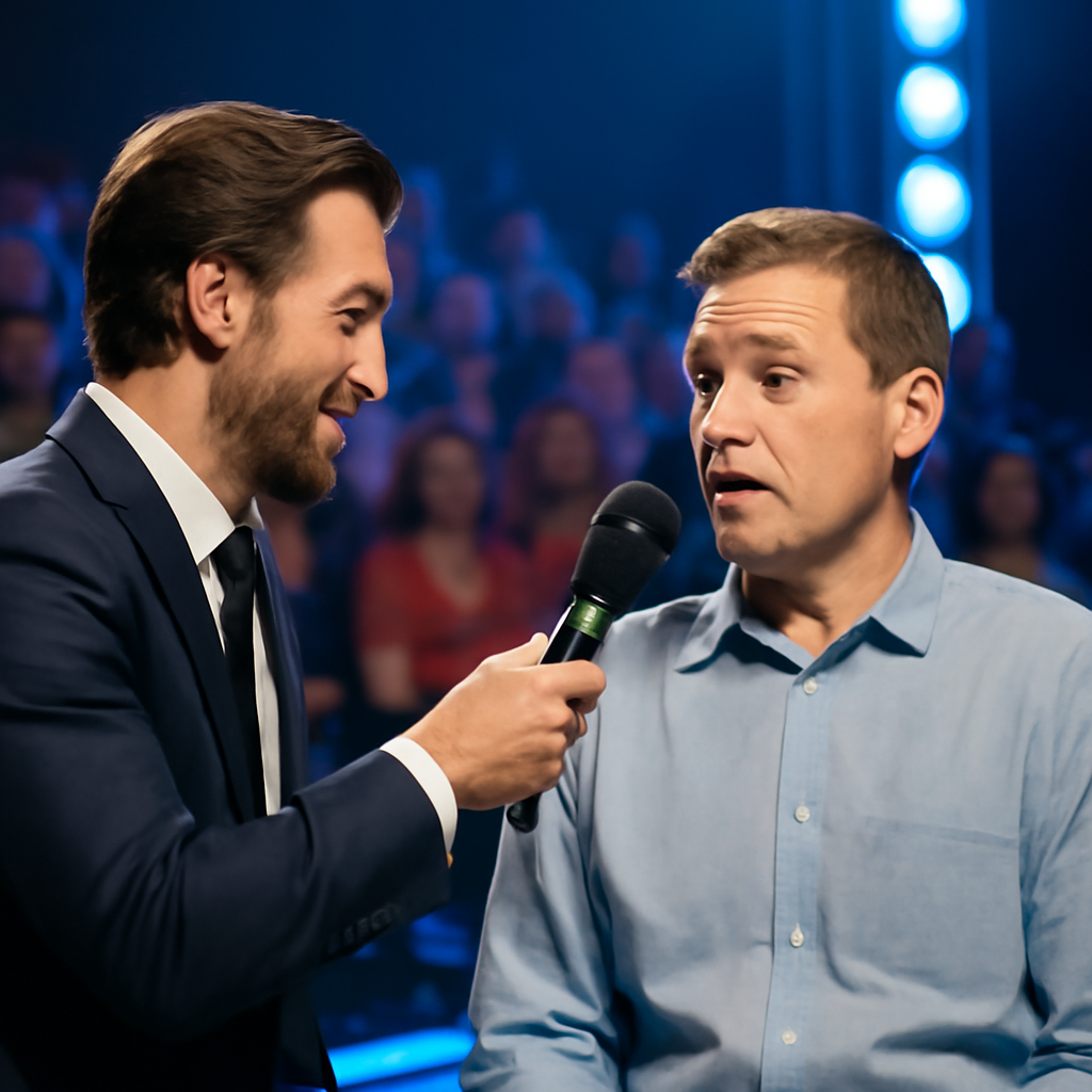 A man on a game show with the contestant holding the mic and asking him a quest… (Meme) — Photoreal style