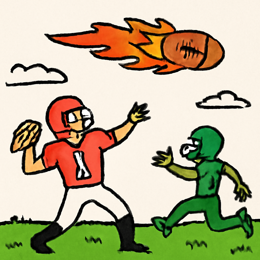A quarterback throwing a 70 yard pass to a wide receiver with a tail of fire on… (Meme) — Doodle style