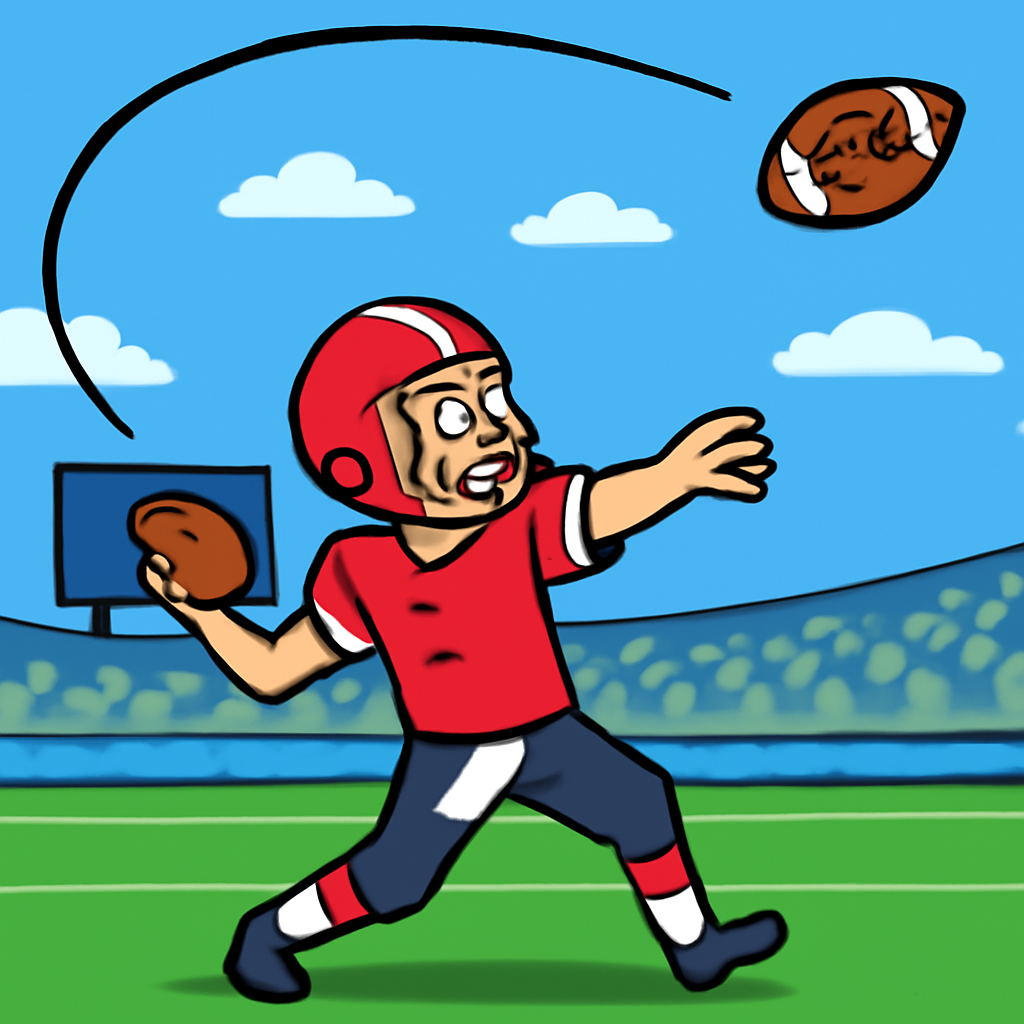 A quarterback throwing a ball really far (Meme) — Cartoon style