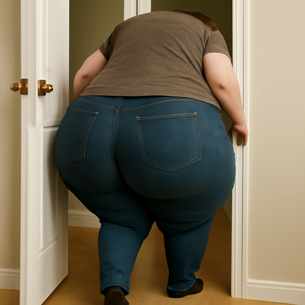 A person with a really wide butt trying to fit through a door walk way (Meme) — Photoreal style