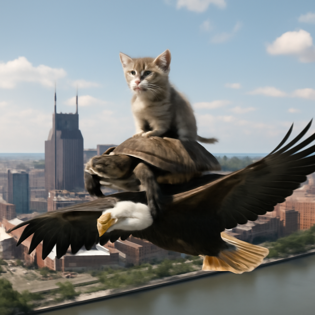A kitten riding on a turtle and the turtle is riding on an eagle flying through… (Meme) — Photoreal style