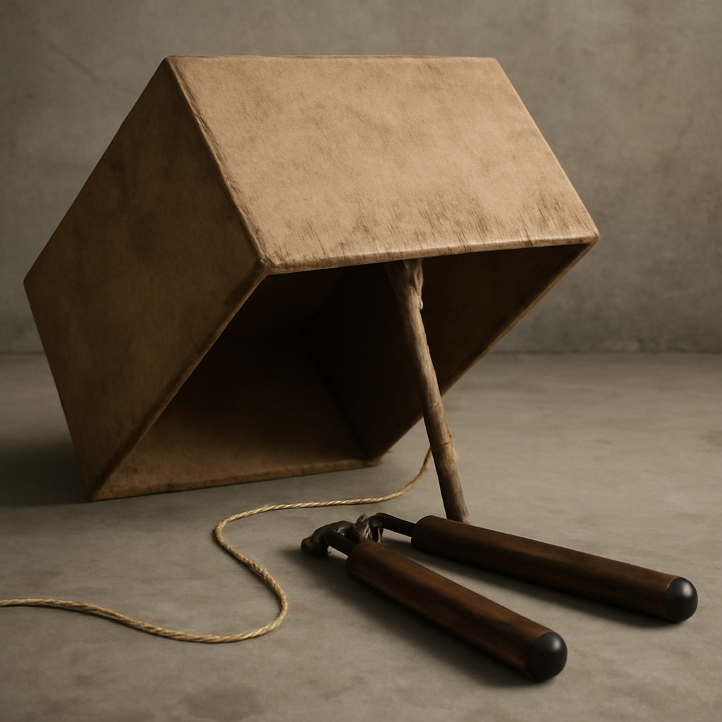 A pair of nunchucks under a old school trap of a box being held up by a stick a… (Meme) — Photoreal style