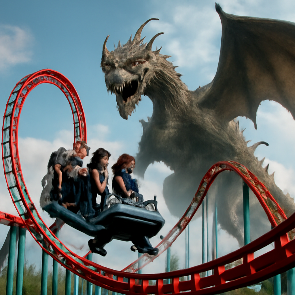 A rollercoaster that jumps / leaps between tracks people riding on it showing l… (Meme) — Photoreal style
