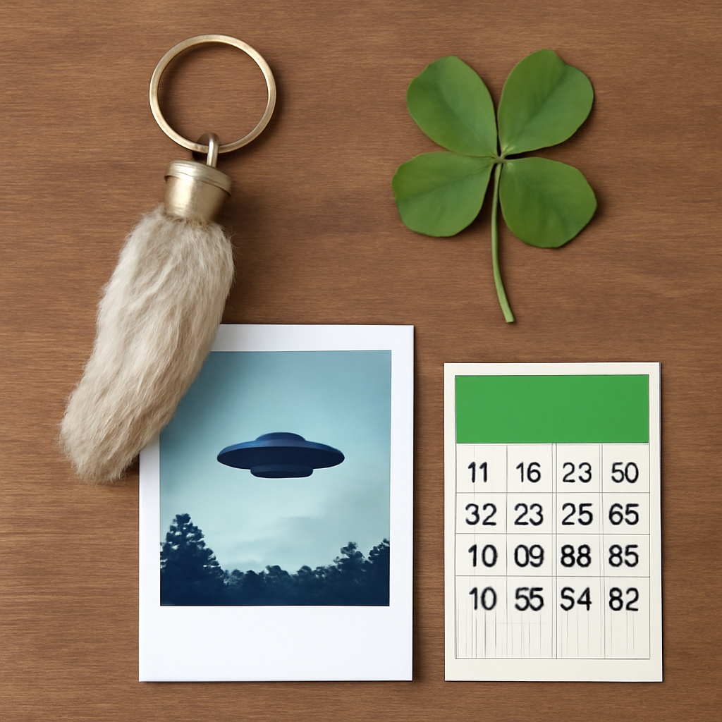 A bunch of lucky items like a rabbits foot four leaf clover, alien spotting, lo… (Meme) — Photoreal style