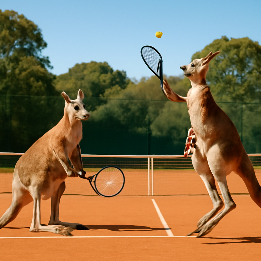Two kangaroos playing tennis on a clay court in an area one kangaroo serving wi… (Meme) — Photoreal style