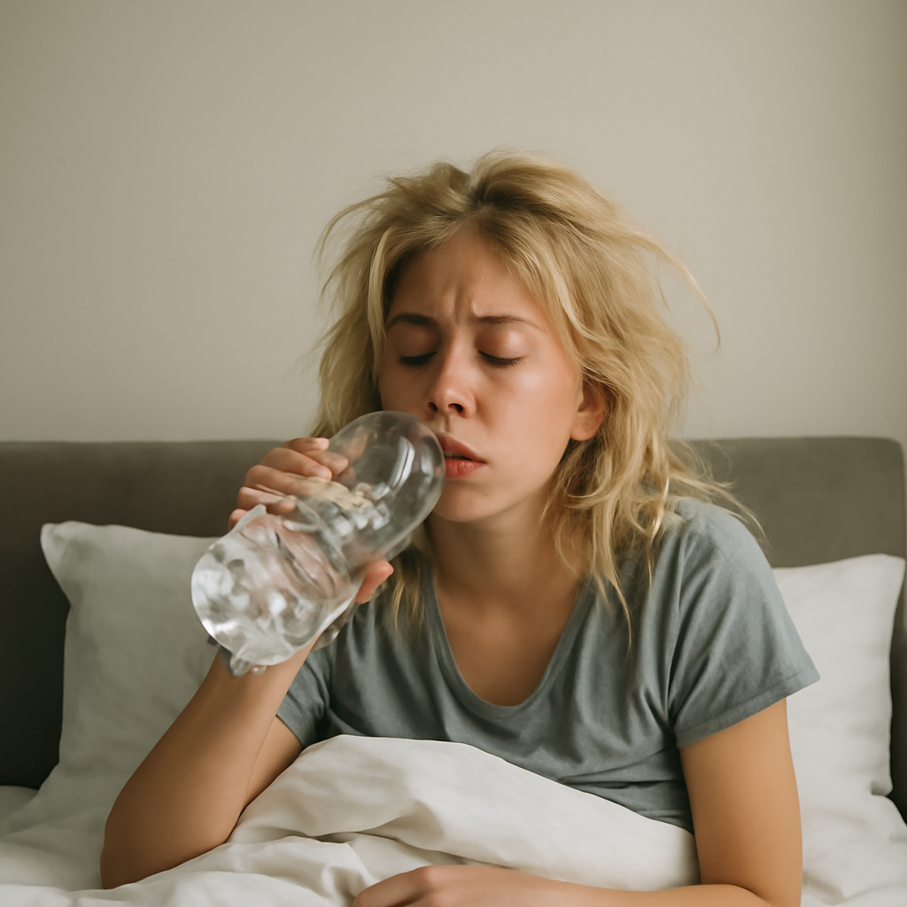Super thirsty hungry exhausted half asleep blonde waking up from bed (Meme) — Photoreal style