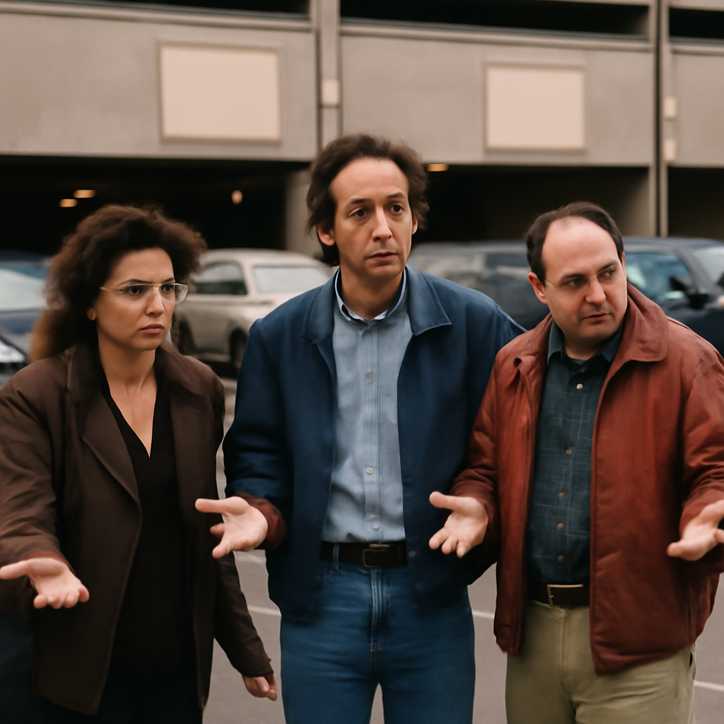 Elaine Kramer Jerry and George in parking lot lost (Meme) — Photoreal style