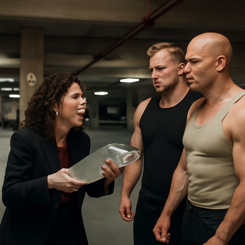 Elaine holding a fish in parking garage yelling at buff men (Meme) — Photoreal style