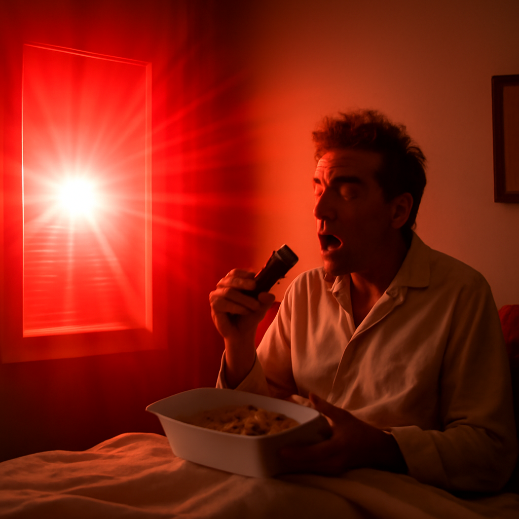 Blinding bright red light shining thru Kramers window while he eats fried chic… (Meme) — Photoreal style