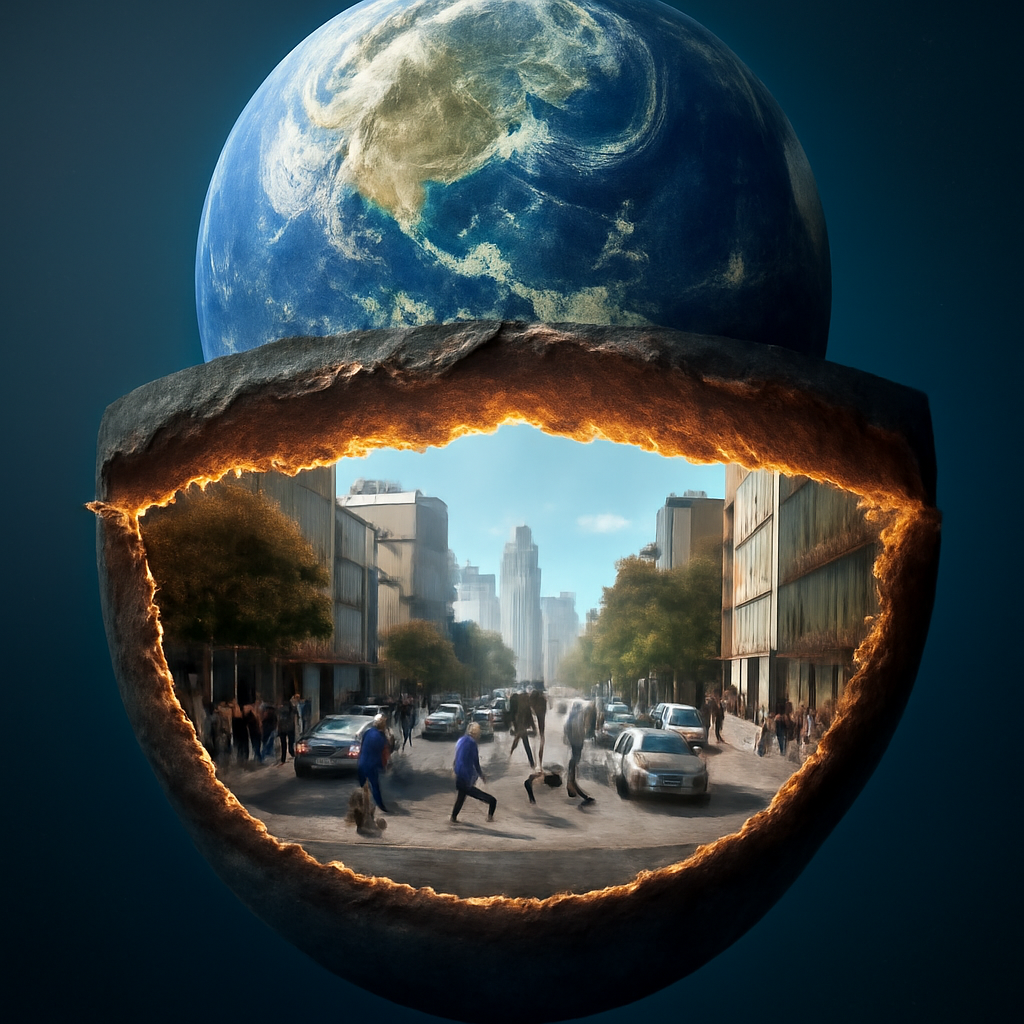 Earth split open showing an inner and outter earth, people in the middle of ear… (Meme) — Photoreal style