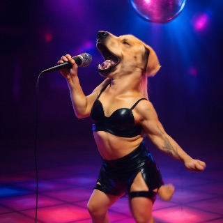 dog in dress singing karaoke meme template