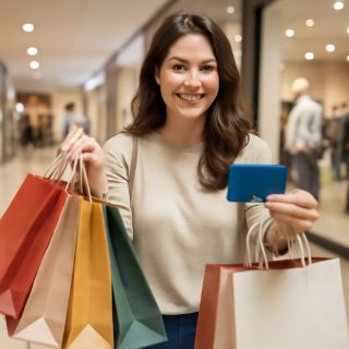 AIQuizzle meme image: my wife shopping buying a bunch of bags of stuff using my credit card (Meme) — Photoreal style