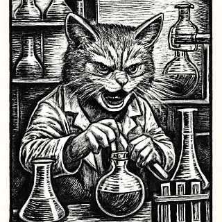 an angry cat doing chemistry in a lab meme (Meme) — Inkwork style