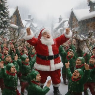 the northpole with snow all over, small town, lots of elves, raindeer, santa dr… (Meme) — Photoreal style