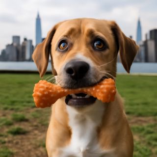 show a dog looking confused in the park with a dog toy in his mouth, new york c… (Meme) — Photoreal style