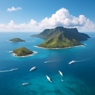 The view from above Hawaii looking down on the islands with boats in the water,… (Meme) — Photoreal style