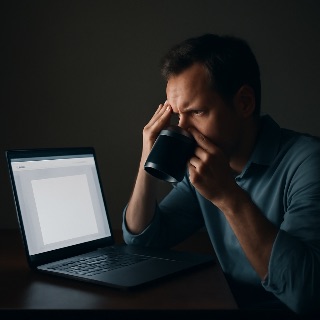 open laptop showing an unreadable email (no legible text), stressed employee mi… (Meme) — Photoreal style