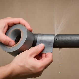close-up of hands holding duct tape over a cracked pipe, water spraying softly,… (Meme) — Photoreal style
