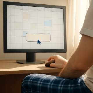 Office calendar on screen, a cursor hovering over ‘Join Meeting,’ person in paj… (Meme) — Photoreal style