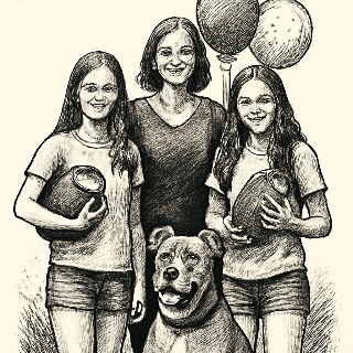 2 teenage girls and 1 mom with footballs and balloons and dog that is a pit bull (Meme) — Inkwork style