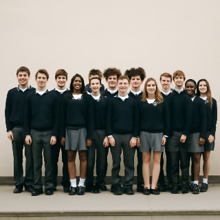 A lot of teens in all the same uniform in one perfect lone (Meme) — Photoreal style