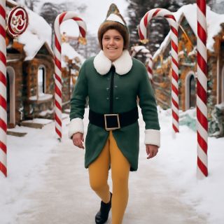 A will farrell like ELF character from the movie ELF walking through candy cane… (Meme) — Photoreal style