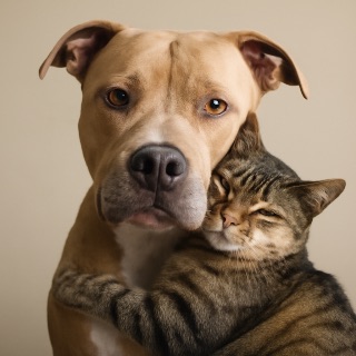 A real picture of a pitbull dog and a so the a cat wrapping (Meme) — Photoreal style