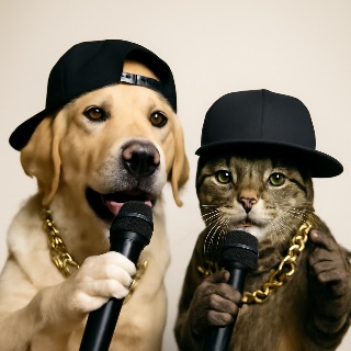 A dog and a cat rapping (Meme) — Photoreal style