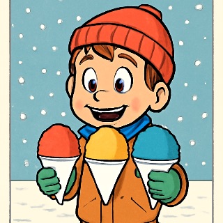 A boy holding 3 snow cones with the middle snow cone yellow and it’s snowing in… (Meme) — Comic style